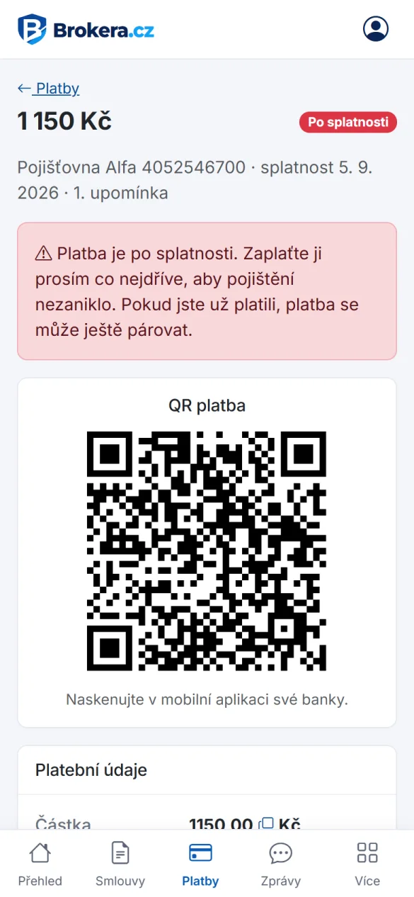 Klientská zóna: platba pojistného přes QR kód