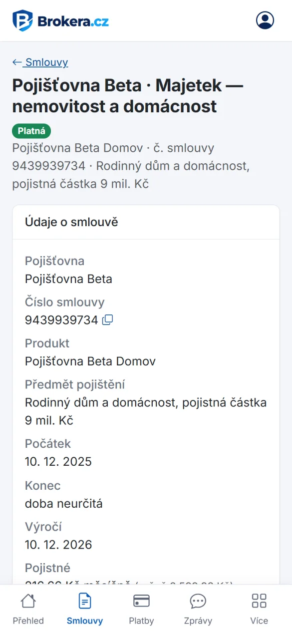 Detail smlouvy v klientské zóně