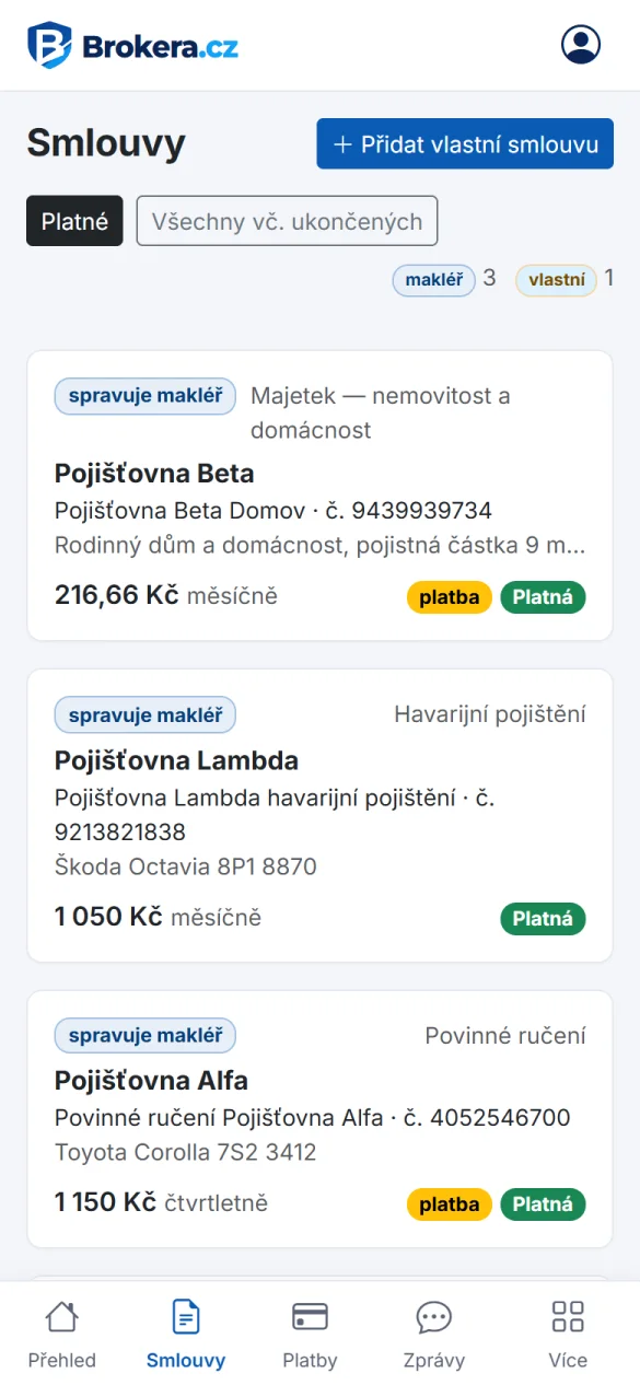 Seznam smluv klienta: smlouvy spravované makléřem a vlastní smlouvy
