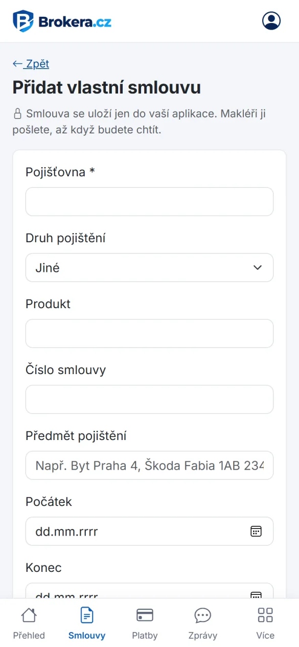Formulář pro přidání vlastní smlouvy klienta
