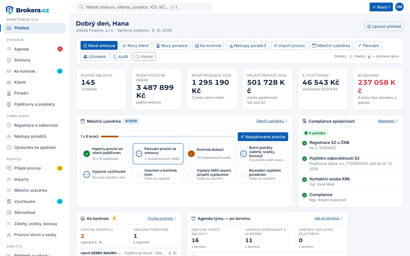 Přehled Brokera: platné smlouvy, roční pojistné kmene, nová produkce, přijaté provize, měsíční uzávěrka a compliance